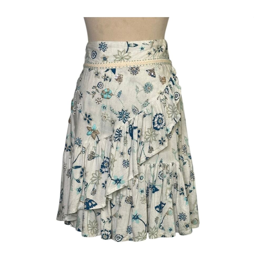 Skemo white blue floral embroidered embellished faux wrap mini skirt size Small